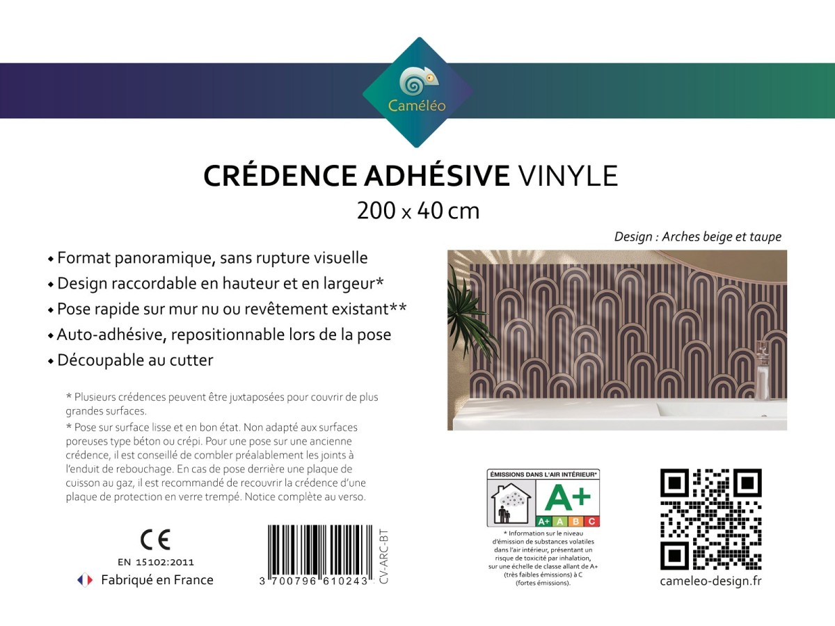 Crédence cuisine adhésive Arches beige et taupe - notice recto