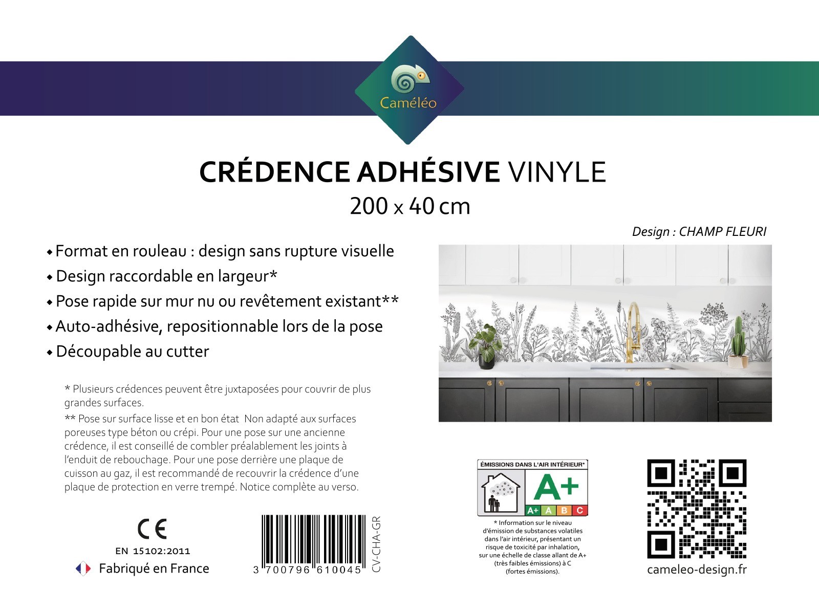 Crédence de cuisine adhésive CHAMP FLEURI gris