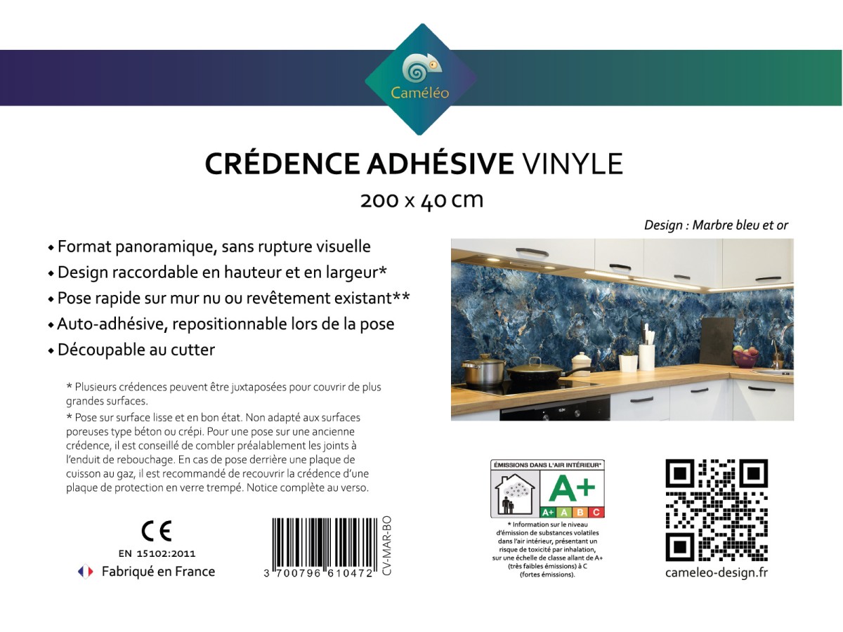 Crédence cuisine adhésive marbre bleu et or - notice recto