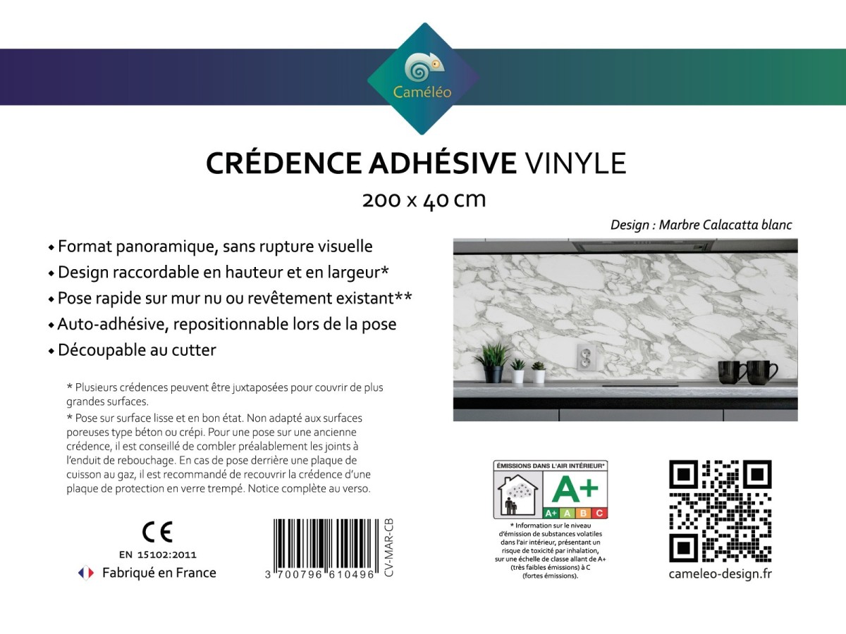 Crédence cuisine adhésive marbre Calacatta blanc - notice recto
