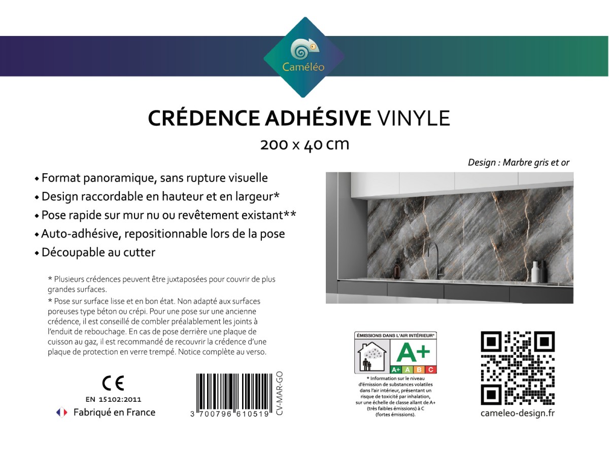 Crédence cuisine adhésive marbre gris et or - notice recto