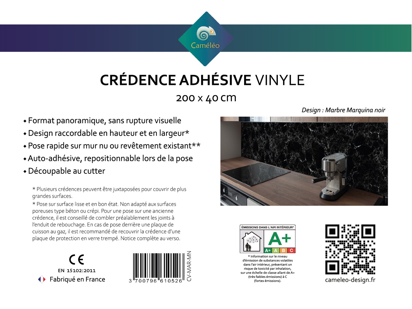 Crédence cuisine adhésive marbre Marquina noir