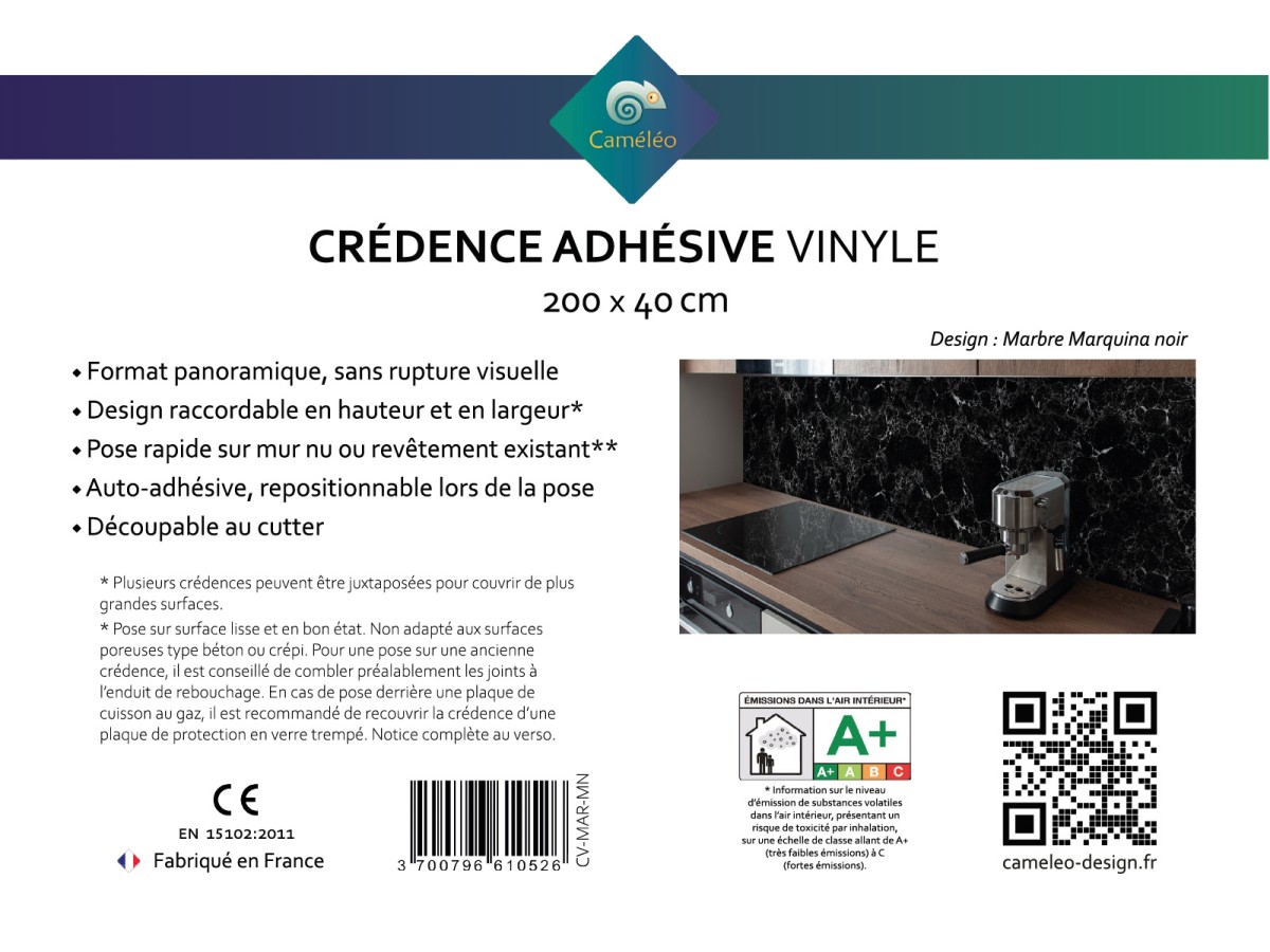 Crédence cuisine adhésive marbre Marquina noir - notice recto