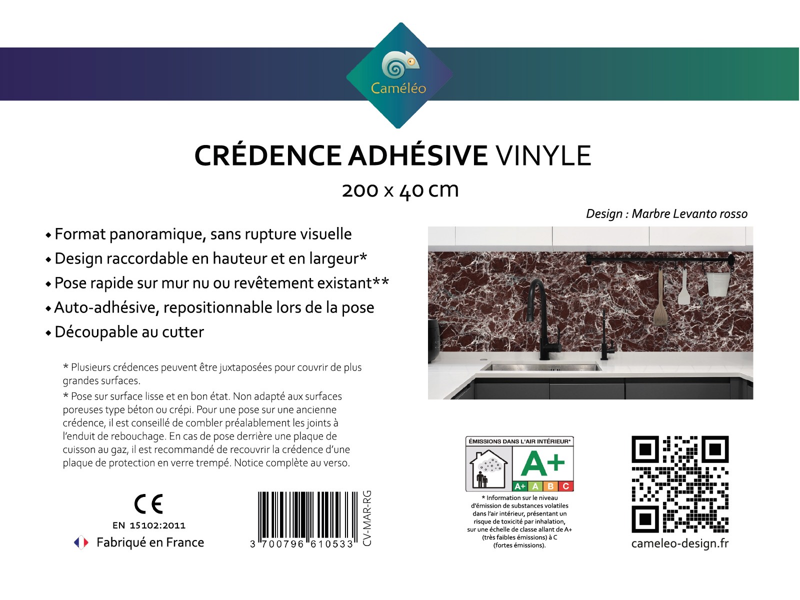 Crédence cuisine adhésive marbre Levanto rosso