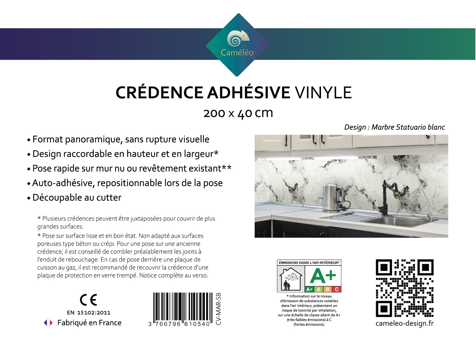 Crédence cuisine adhésive marbre Statuario blanc