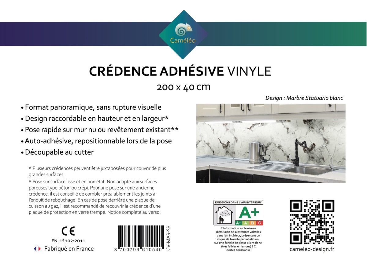 Crédence cuisine adhésive marbre Statuario blanc - notice recto