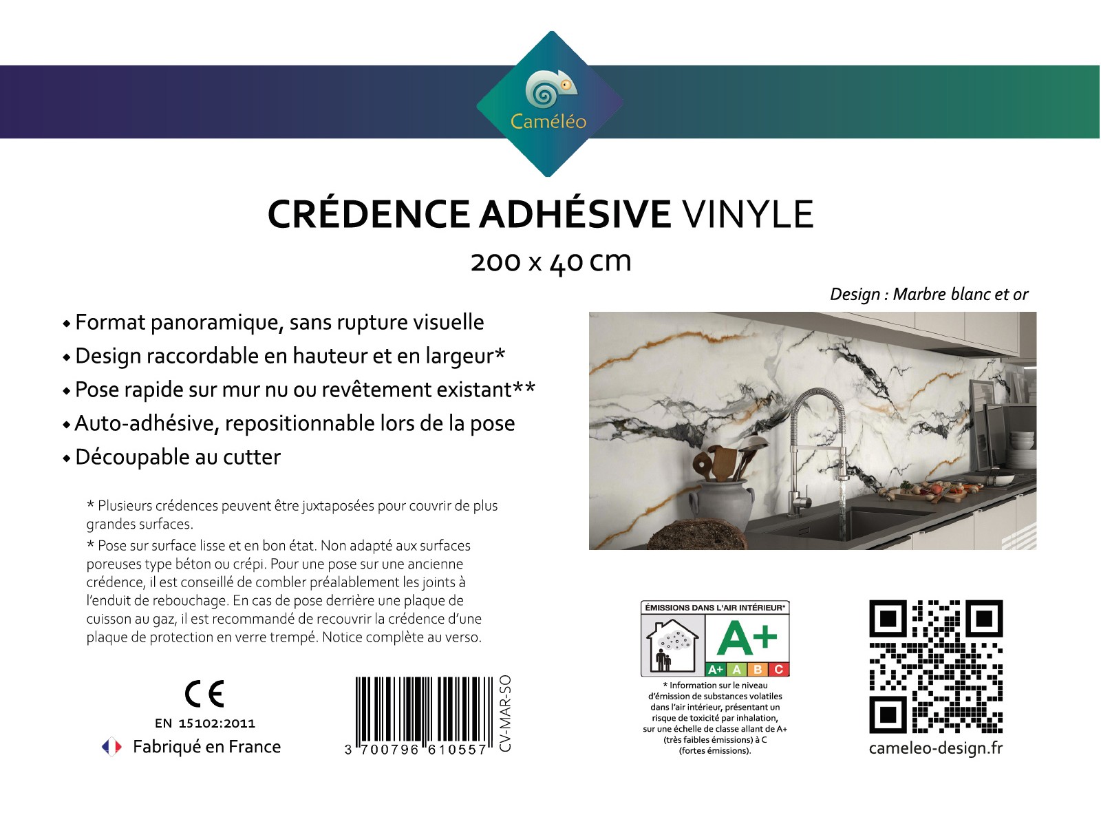 Crédence cuisine adhésive marbre blanc et or