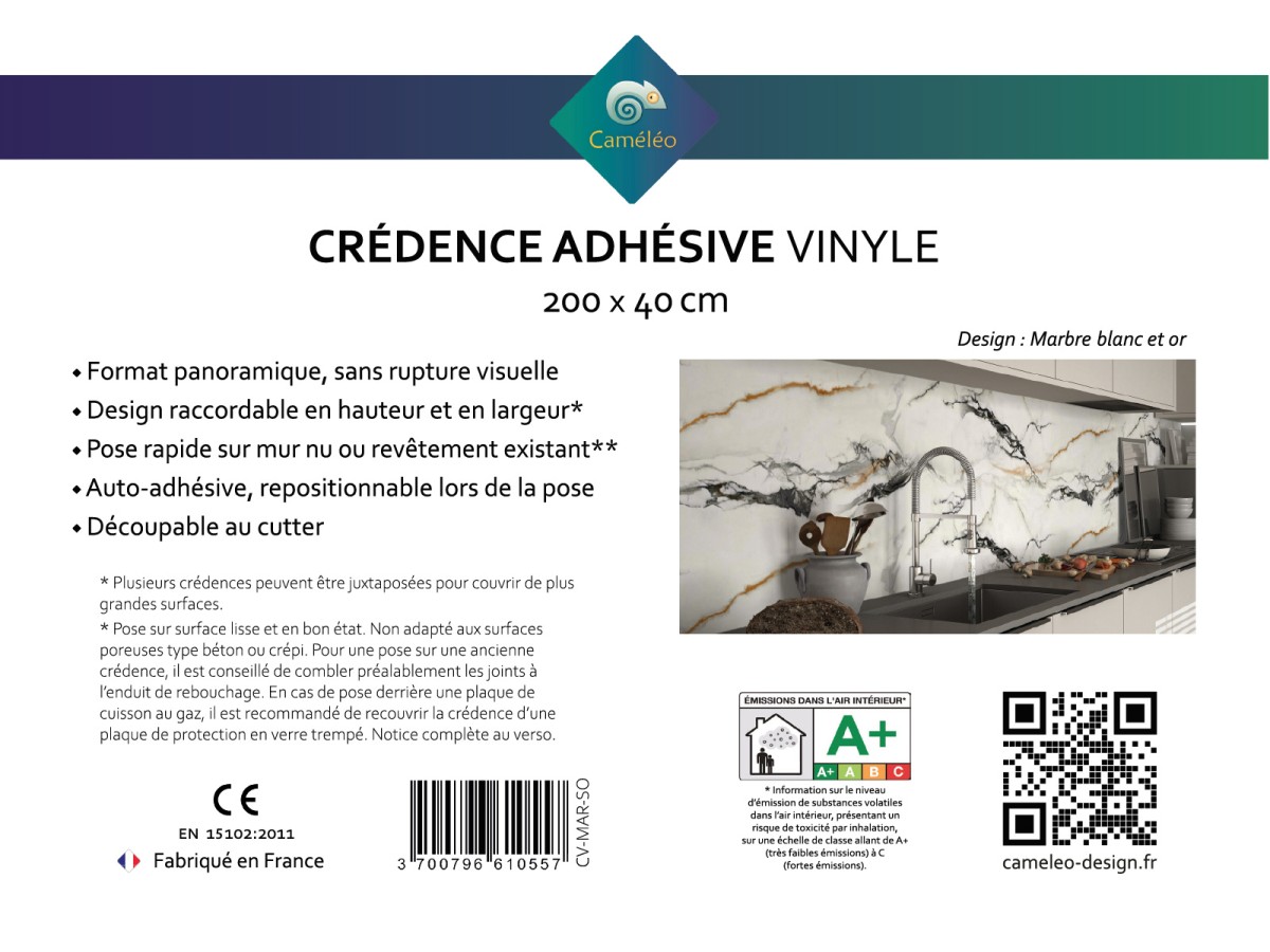Crédence cuisine adhésive marbre blanc et or - notice recto