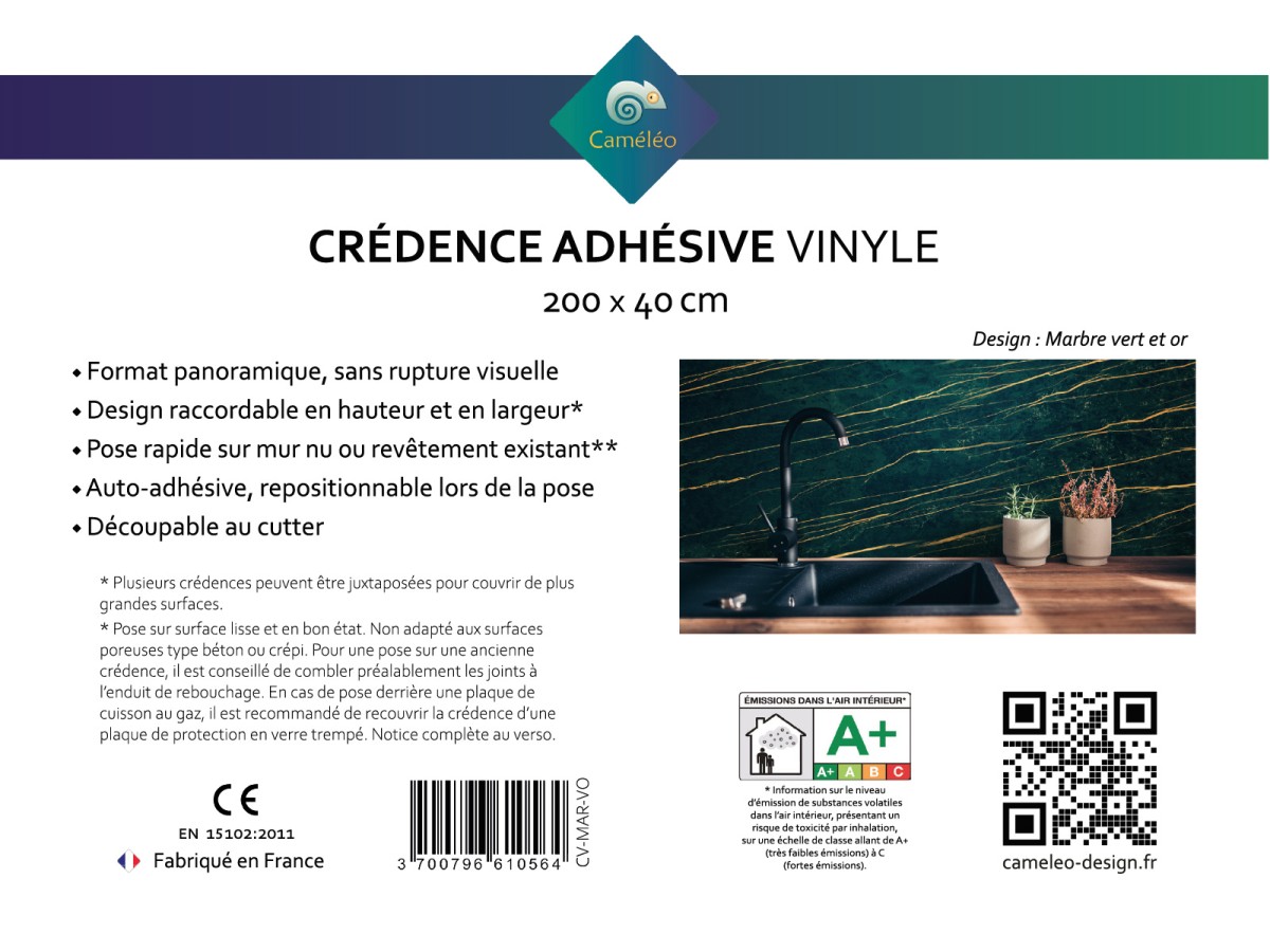 Crédence cuisine adhésive marbre vert et or - notice recto