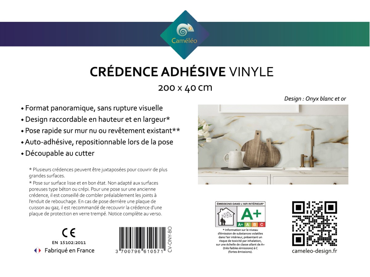 Crédence cuisine adhésive onyx blanc et or - notice recto