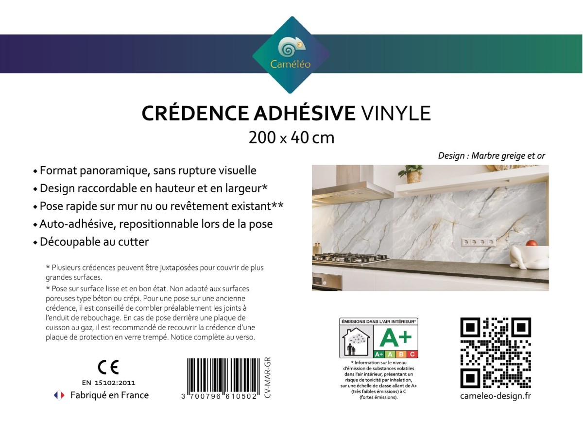 Crédence cuisine adhésive marbre greige et or - notice recto