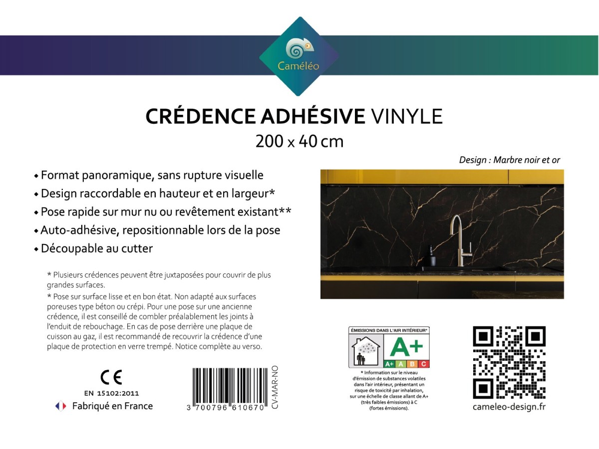 Crédence cuisine adhésive marbre noir et or - notice recto