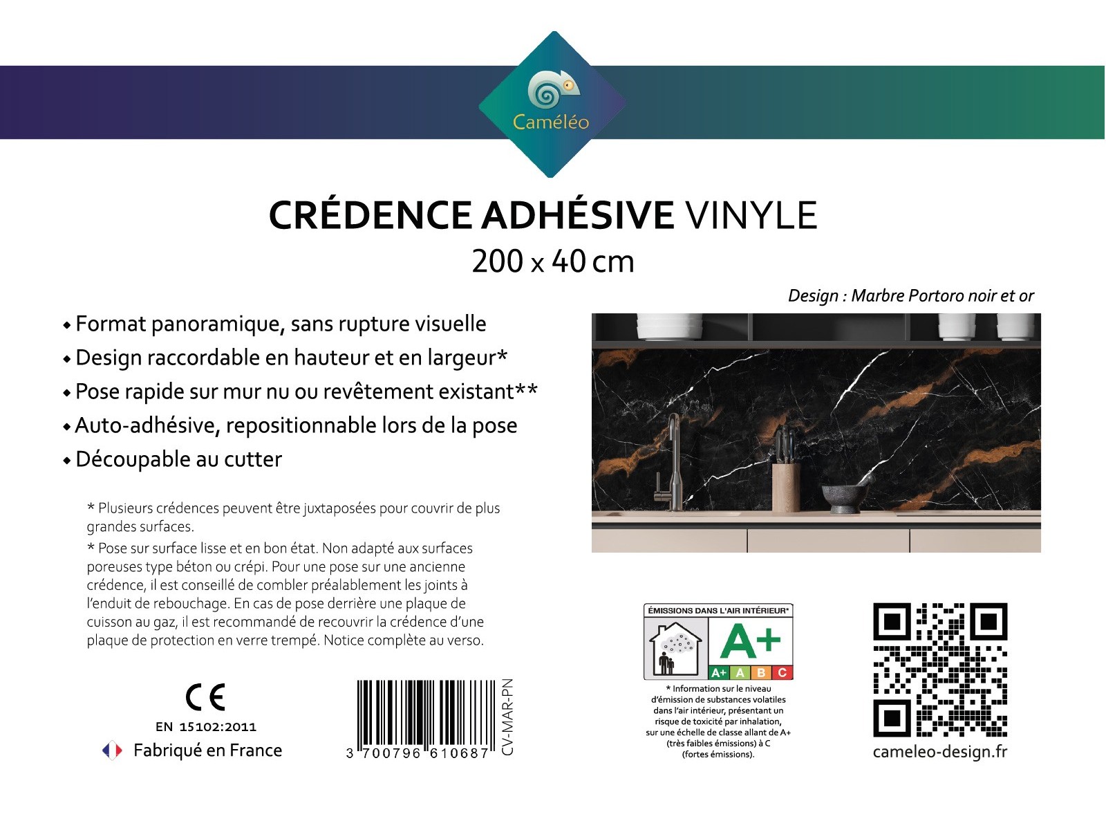 Crédence cuisine adhésive marbre Portoro noir et or