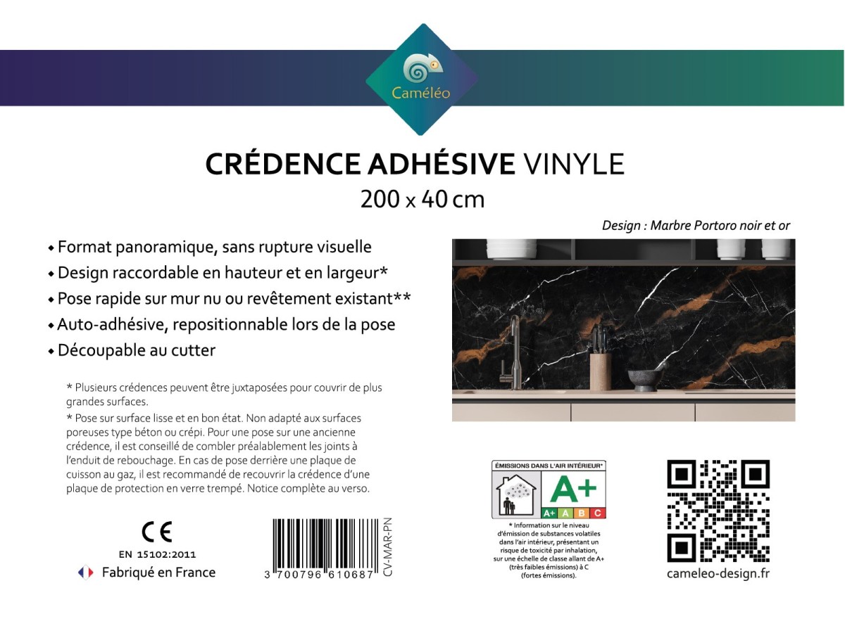 Crédence cuisine adhésive marbre Portoro noir et or - notice recto