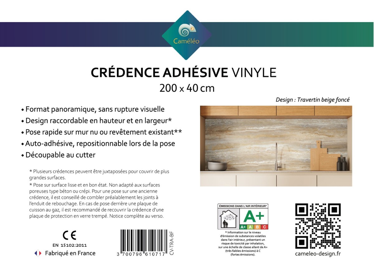 Crédence cuisine adhésive travertin beige foncé - notice recto