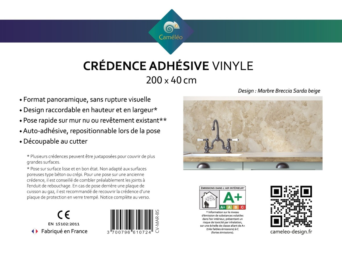Crédence cuisine adhésive marbre Breccia Sarda - notice recto